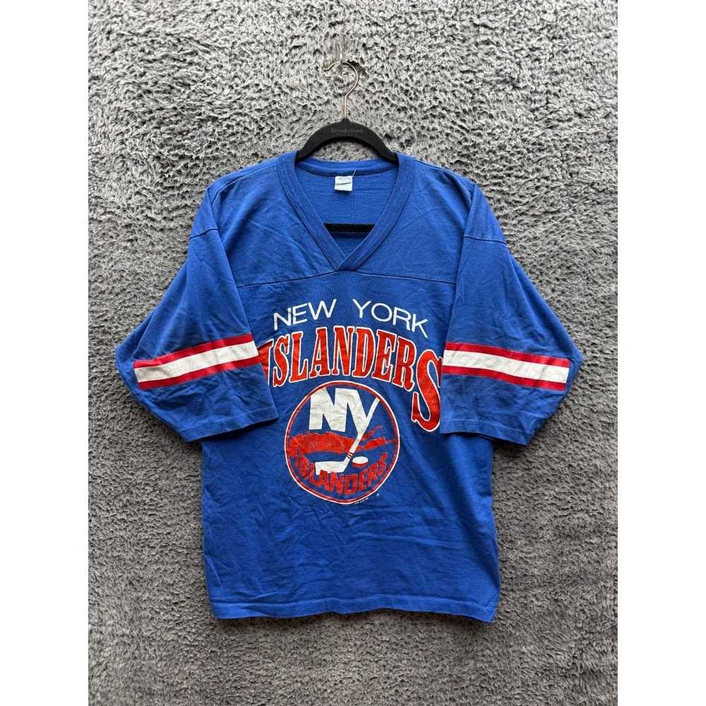 Vintage 1988 Artex New York Islanders NHL Graphic V-Neck Shirt Blue Men Size M/L